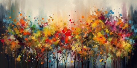 Obraz na płótnie Canvas A vibrant, surreal scene of trees with multicolored autumn leaves made of floating paintbrushes, symbolizing the artistry of nature, concept of Harmony of Color, created with Generative AI technology