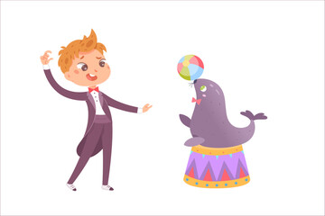 Circus characters perform juggling show, cute seal juggler playing ball on podium