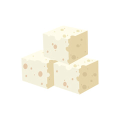 Cheese cubes, isometric pile of cheese pieces with holes texture, heap of dairy product