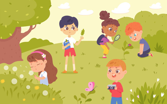 Cute children walk outdoor and explore nature, summer camping discovery and adventure