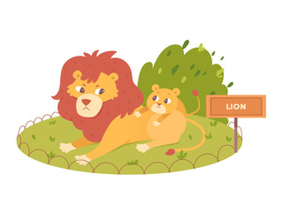 Lions sitting together on green lawn of zoo, funny family scene with big king dad and cub