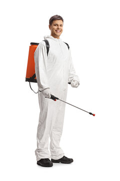 Full length shot of a pest control professional in a white suit