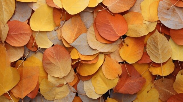 an Aspen leaves Horizontal background, Multi-colored Aspen leaves with, ambers, yellows, blues, and purples. , as a background. forest floor texture.  Nature-themed, photorealistic. Generative AI