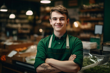 Fototapeta premium Young saleswoman in apron works on supermarket. Generative AI 