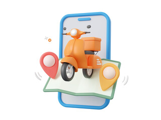 3d cartoon design illustration of Delivery service on mobile, Scooter with pins on map.