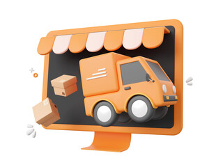 3d cartoon design illustration of Delivery truck shipping parcel boxes, Shopping and delivery service online.