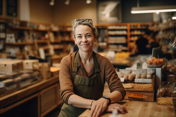 Fototapeta premium Young saleswoman in apron works on supermarket. Generative AI 
