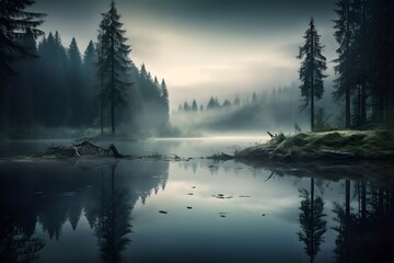 "Misty Reflections": A mysterious forest veiled in mist, where trees and lake unite in ethereal harmony.