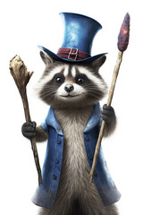 Raccoon with top hat and staff isolated on a white background Generative AI