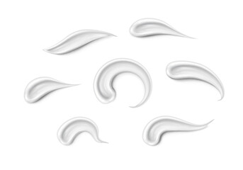 Fototapeta premium Cream texture strokes isolated on white background. Facial creme, foam, gel or body lotion skincare swatch set. Vector face cosmetic product smears.