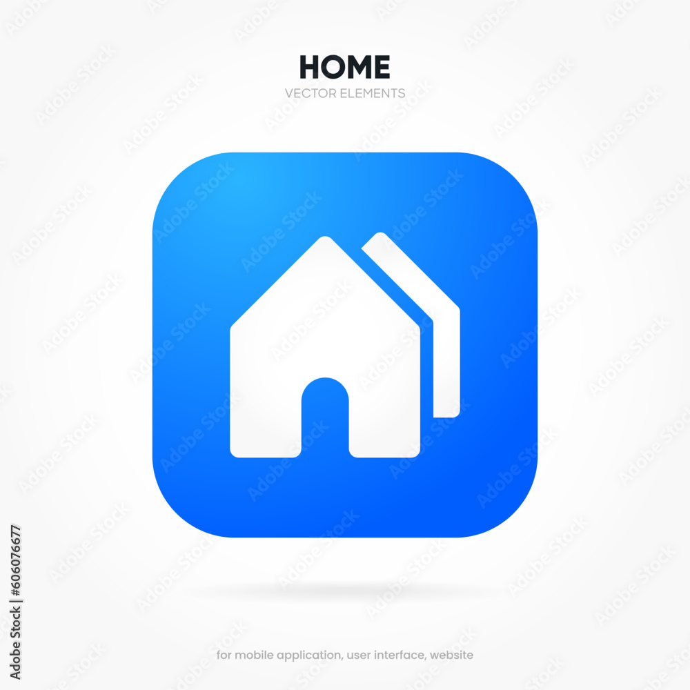 Poster minimal modern home, homepage, base, main page, house push button icon emblem symbol, sign. 3d blue 