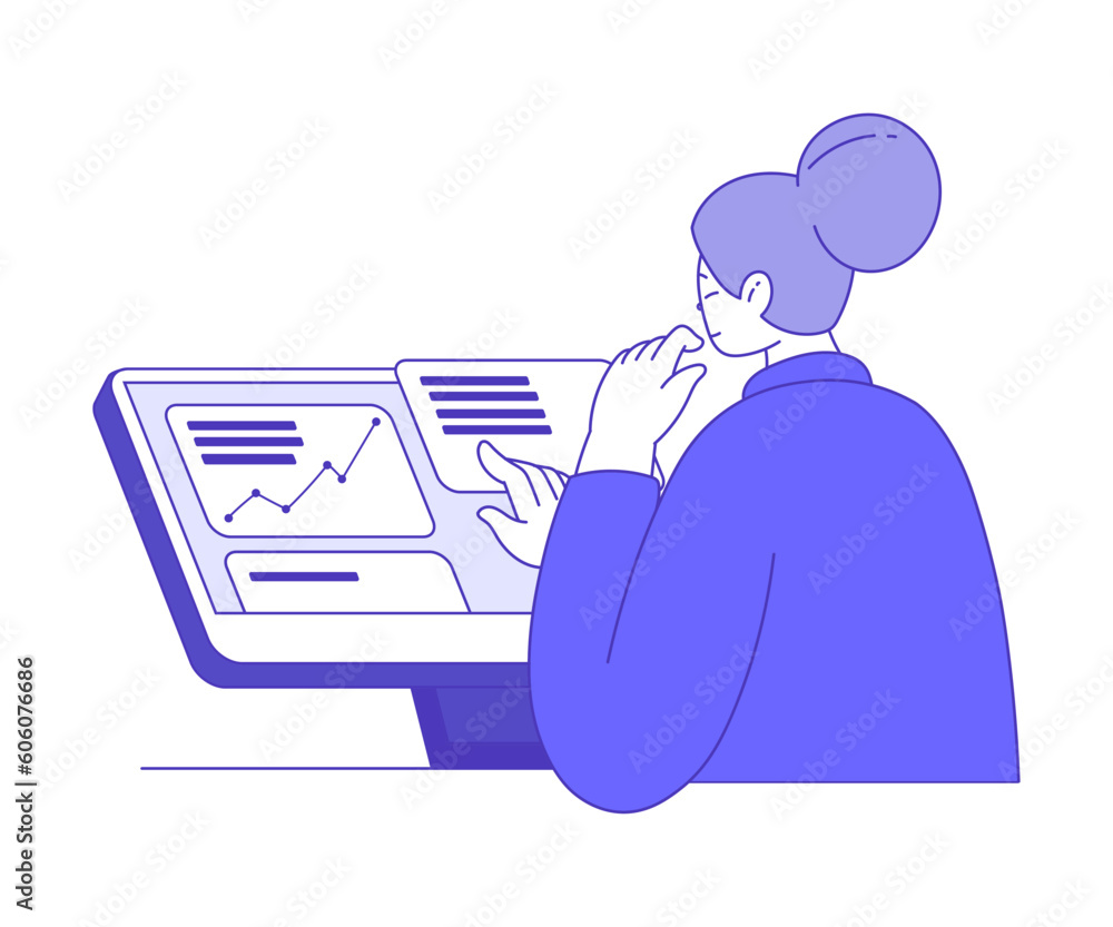 Poster business woman character sitting in front of computer with financial graphs and statistics on monito