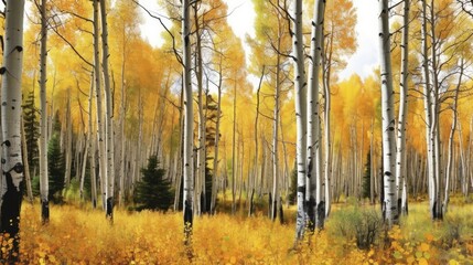 an Abstract Horizontal background, Aspen forest with warm colors, ambers, yellows, and oranges, as a background. Liquid flow texture.  Nature-themed, photorealistic illustrations in JPG. Generative AI