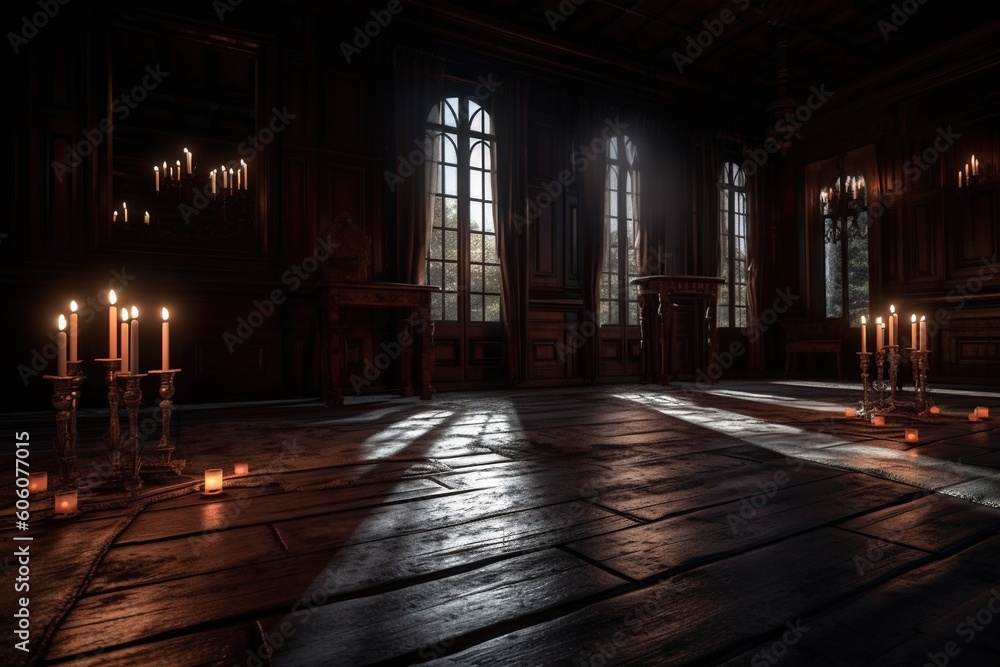 Aufkleber a dark room with candles lit up in the middle of the floor and a large window in the center of the r