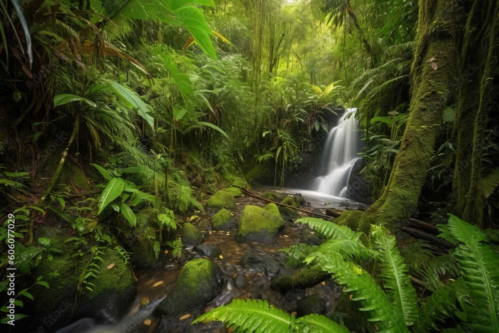 Poster a small waterfall in a lush green forest filled with trees and ferns, with a stream running through 