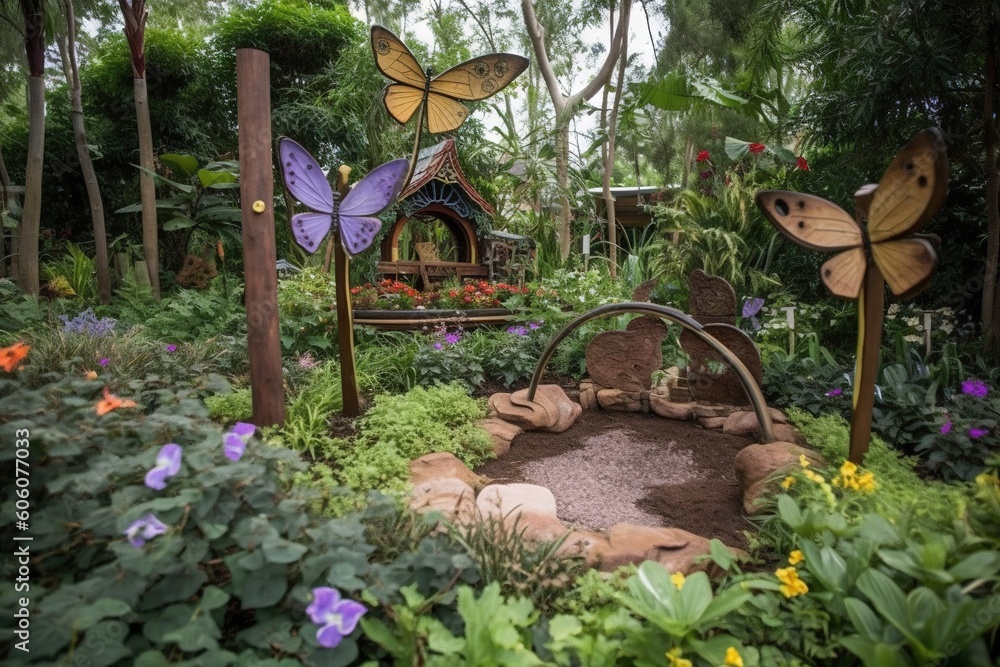 Poster a garden filled with lots of different types of plants and flowers and a butterfly house in the midd