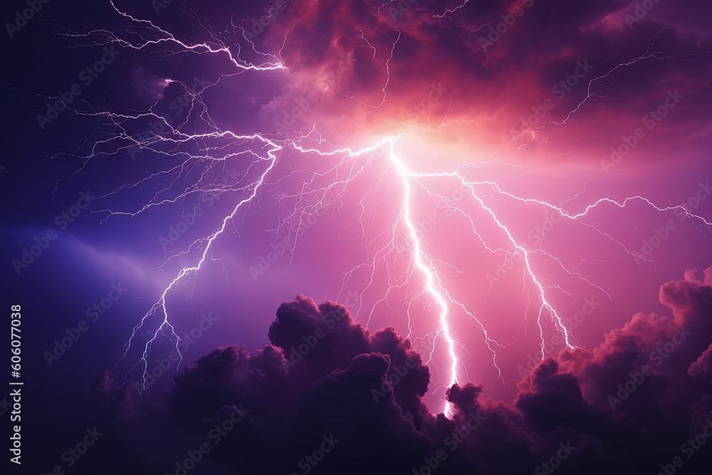 Aufkleber a purple sky with lightning and clouds in the foreground and a purple sky with clouds in the foregro