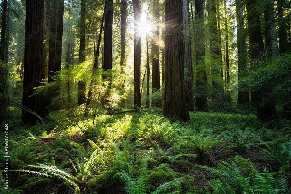 Poster the sun shines through the trees in a forest filled with ferns and tall trees in the foreground is a