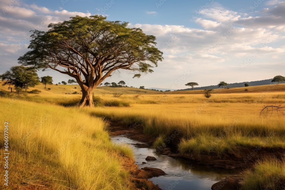 Poster a tree in the middle of a field with a stream running through it and a grassy field in the backgroun