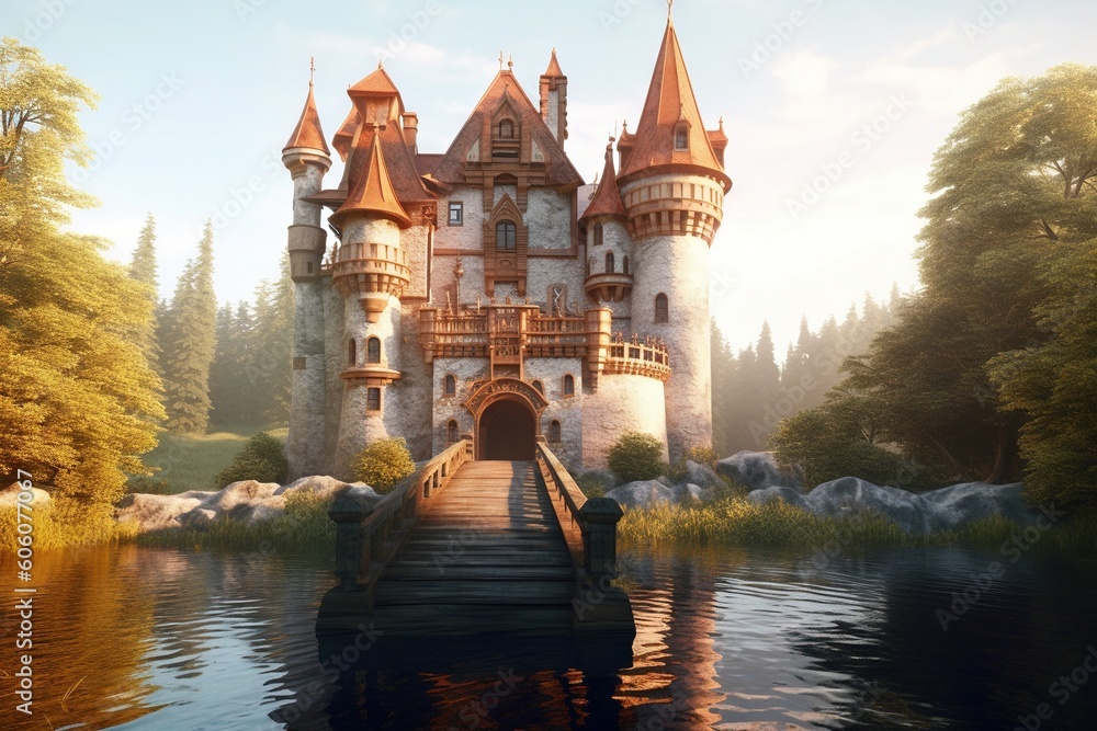 Poster a castle with a dock in the middle of a lake with a person standing on the dock in front of the wate