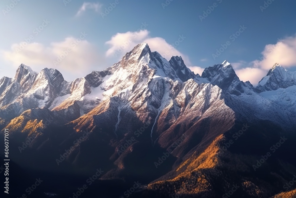Poster a view of a mountain range with snow on the top and clouds in the sky above it, with a blue sky and 