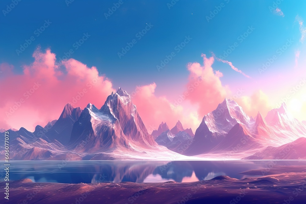 Aufkleber a painting of a mountain range with a body of water in the foreground and a pink sky in the backgrou