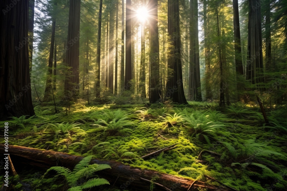 Poster the sun shines through the trees in a forest filled with green ferns and tall, thin trees with a fal