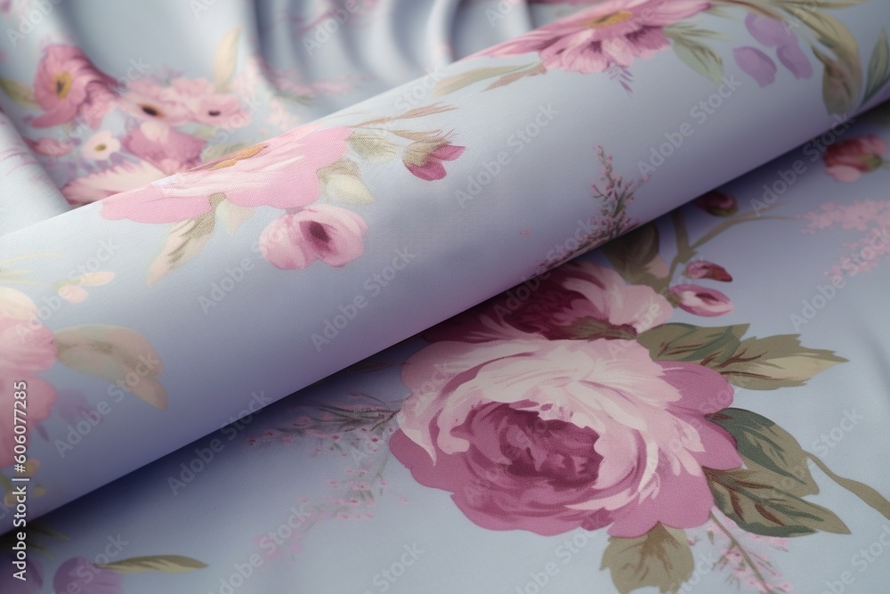Poster a close up of a pink flowered bed sheet with a flowered design on it's back end and a pink flowered 