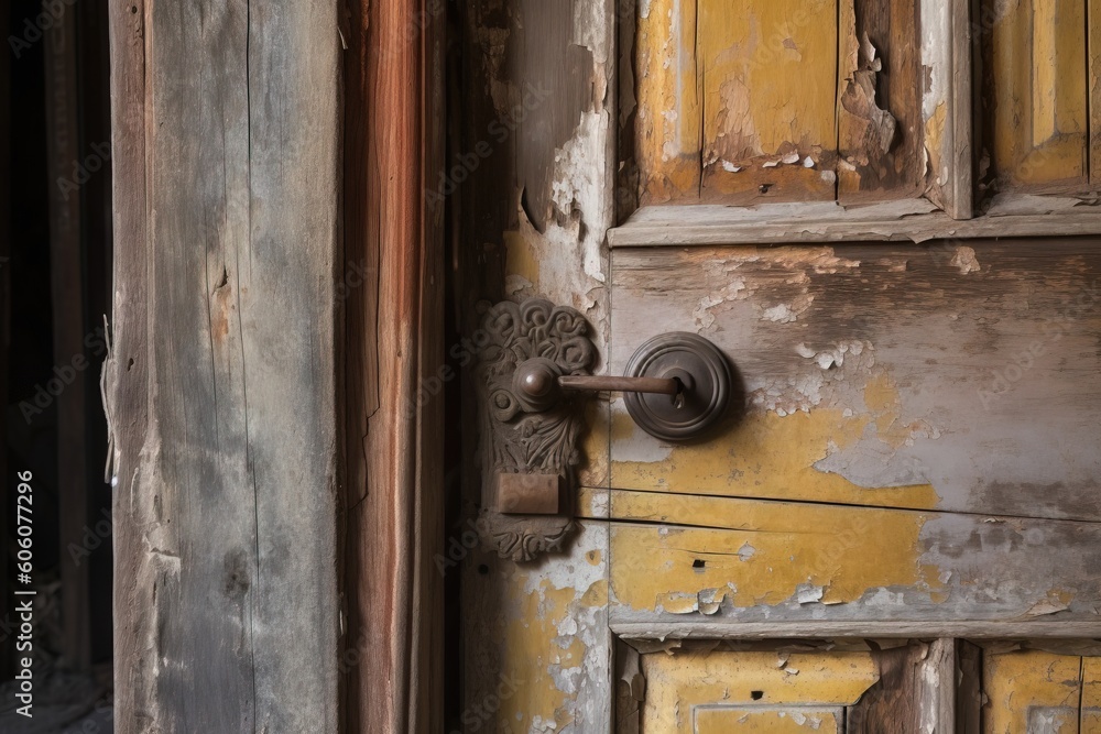 Aufkleber an old door with a rusty handle and a chipped paint finish on it's door frame and the door is missin