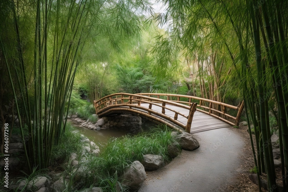 Aufkleber a wooden bridge over a small stream surrounded by tall grass and bamboo trees in a park setting with