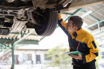 Caucasian man mechanic use clipboard checking suspension system at car service