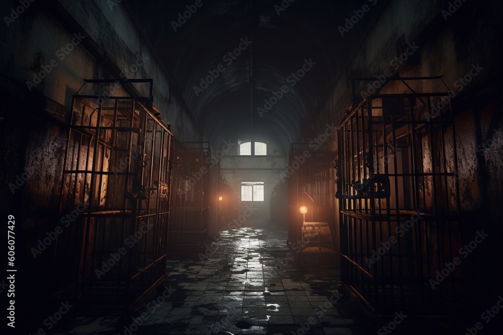 Poster a dark hallway with several cages and a clock on the wall and a window in the middle of the hallway 