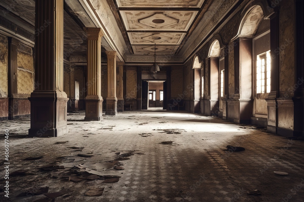 Aufkleber a room with a lot of debris on the floor and a ceiling that has a light coming through the windows a