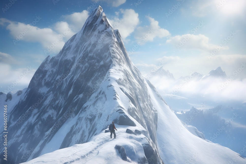 Poster a man standing on top of a snow covered mountain next to a snow covered mountain peak with a sky bac