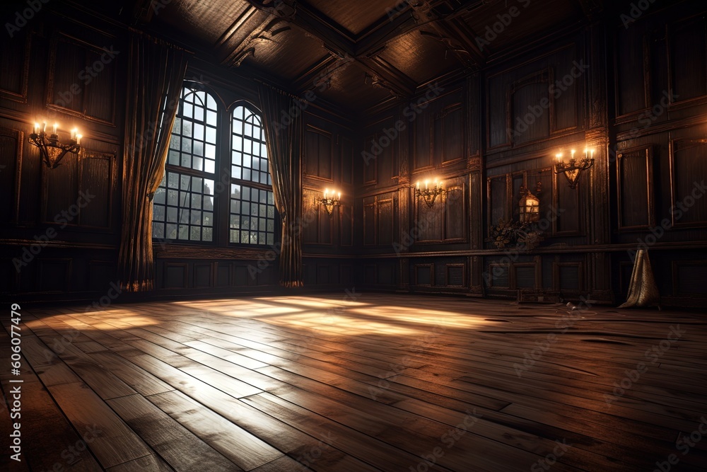 Aufkleber a large room with a wooden floor and chandelier hanging from the ceiling and a large window in the m