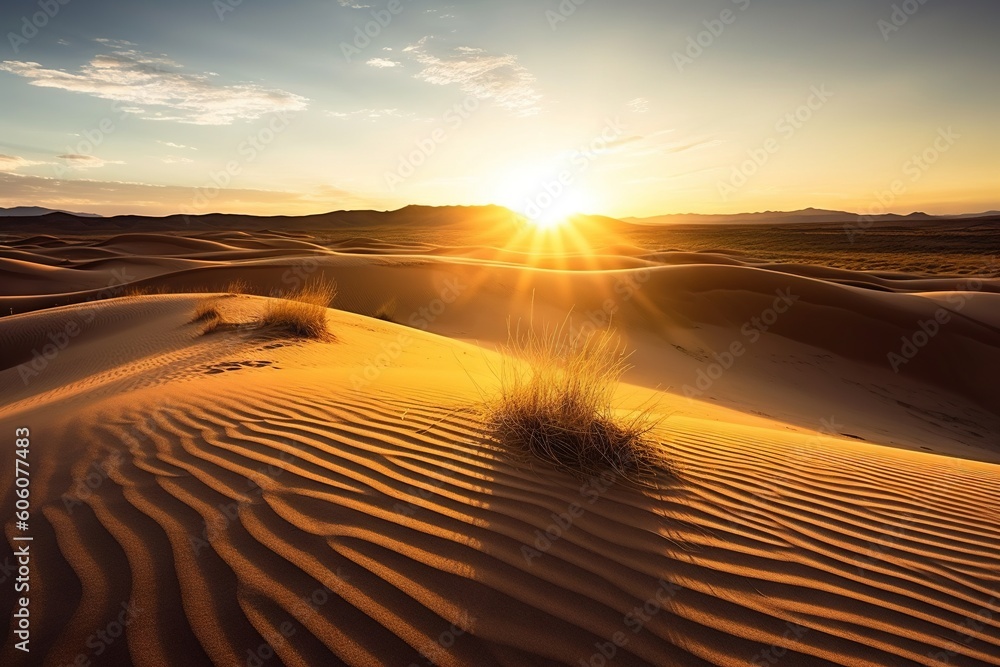 Poster the sun is setting over a desert with sand dunes and grass in the foreground and mountains in the di