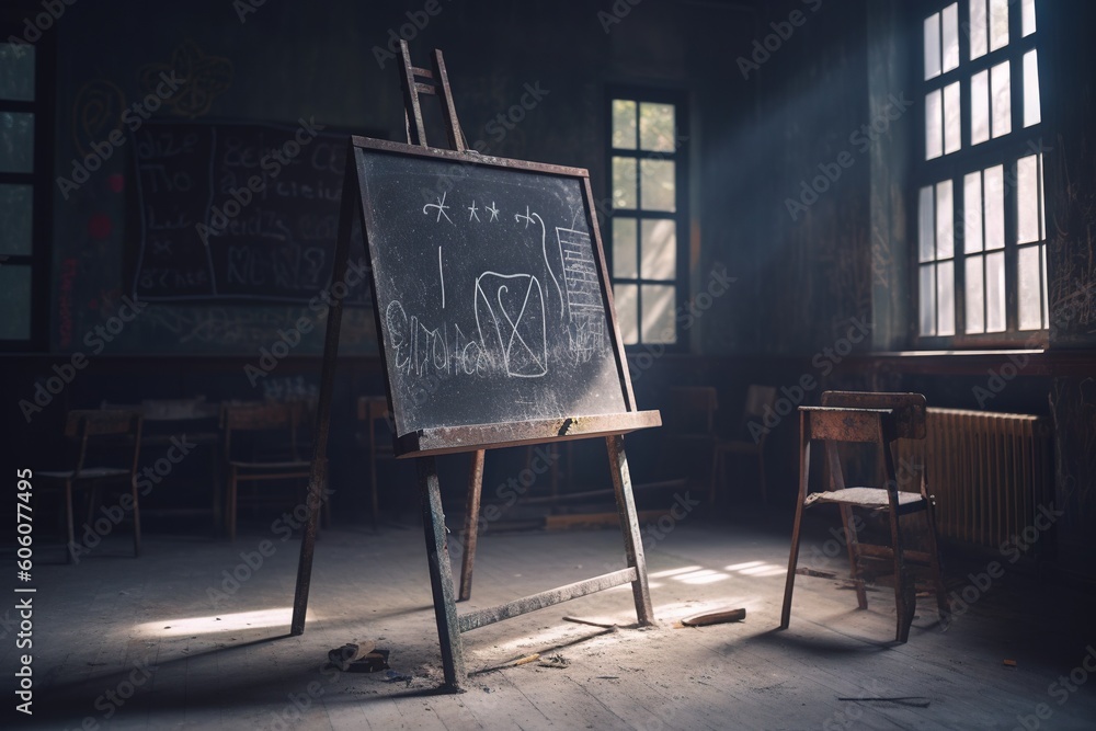 Poster an easel in a dark room with a chalkboard on the floor next to a chair and a table with a chalkboard