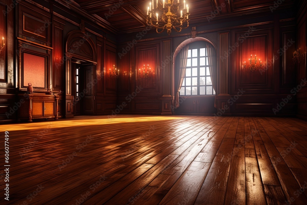 Poster an empty room with a chandelier and a large window in the center of the room with a wooden floor and