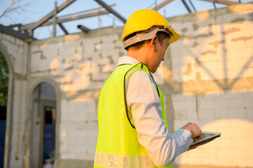 An Asian engineer man is wearing a protective helmet on head, using tablet Analytics engineering...