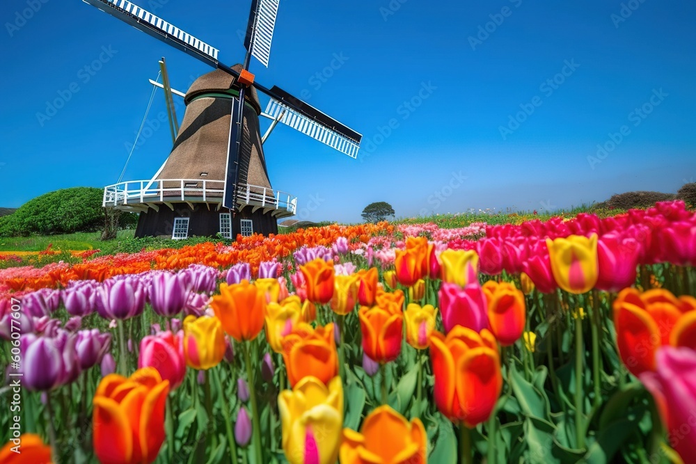 Poster a windmill in the middle of a field of tulips with a blue sky in the background and a field of red a