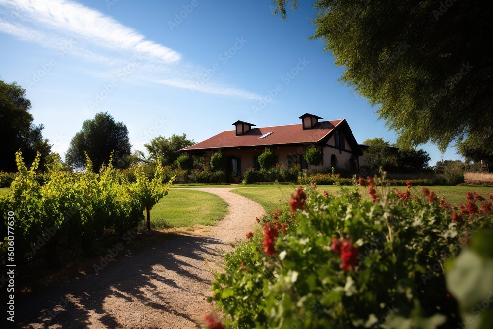 Poster a large house with a red roof and a pathway leading to the front of the house with flowers in the fo
