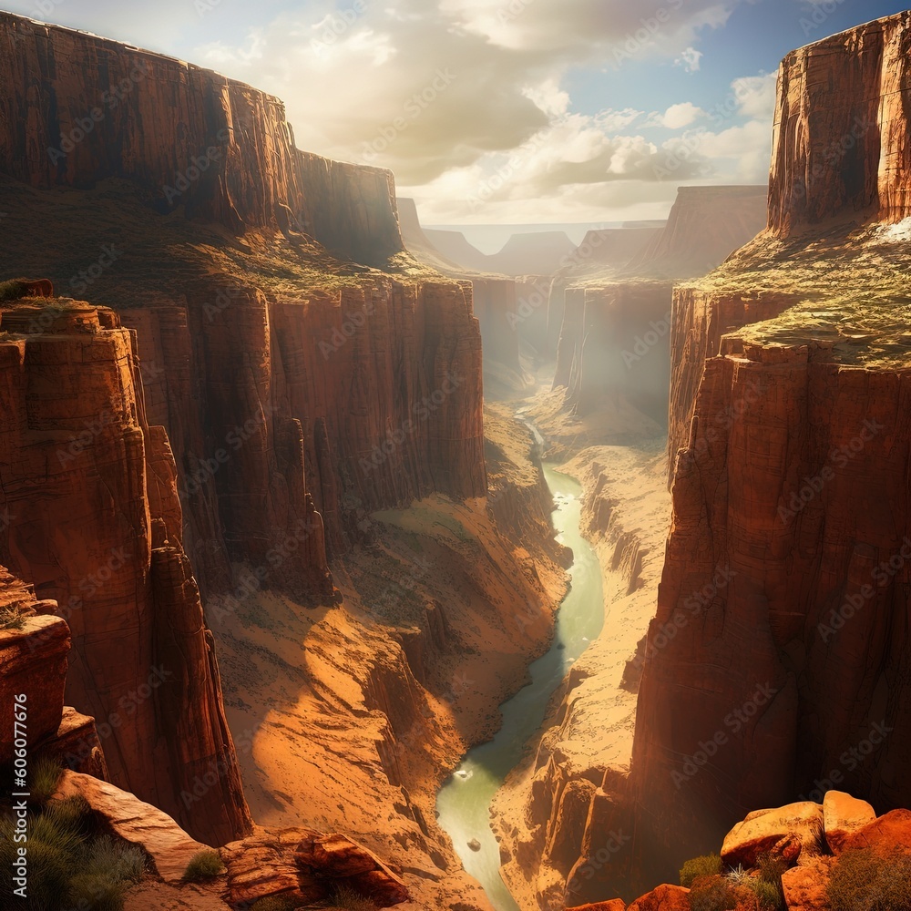 Poster a canyon with a river in the middle of it and a cliff in the background with a sky filled with cloud