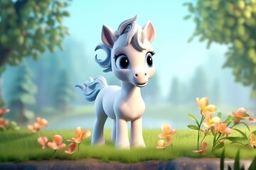 a cute adorable baby horse character stands in nature in the style of children-friendly cartoon animation fantasy 3D style Illustration created by AI
