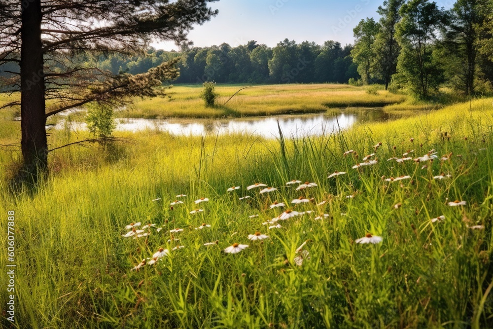 Poster a grassy field with a pond in the background and trees in the foreground, with wildflowers in the fo
