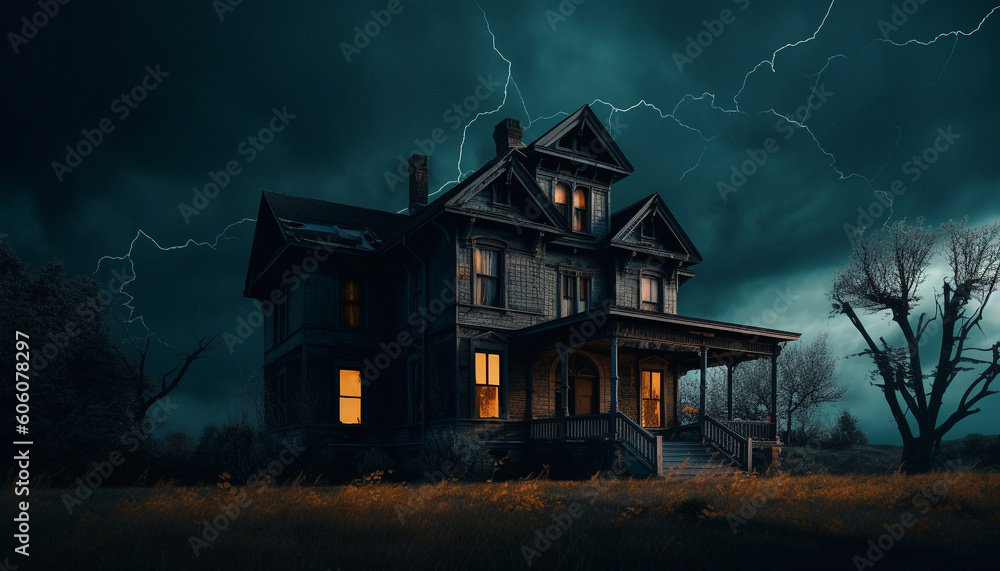 Poster Spooky moonlight illuminates abandoned farm in winter generated by AI