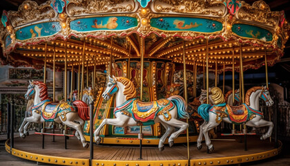 Fototapeta na wymiar Spinning carousel horses bring childhood joy outdoors generated by AI