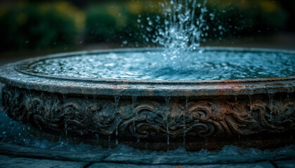 Refreshing raindrop splashing in a metal fountain generated by AI