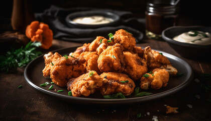 Fried chicken wings on rustic wooden plate generated by AI