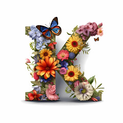 The capital letter K is made of flowers and butterflies, flowers wrapped letter, Floral Letter, Generative AI