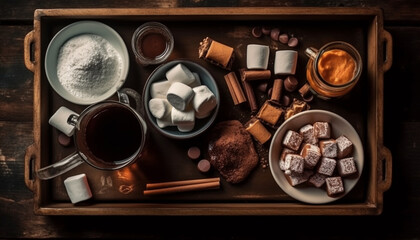 Sweet food and hot drink on rustic table generated by AI